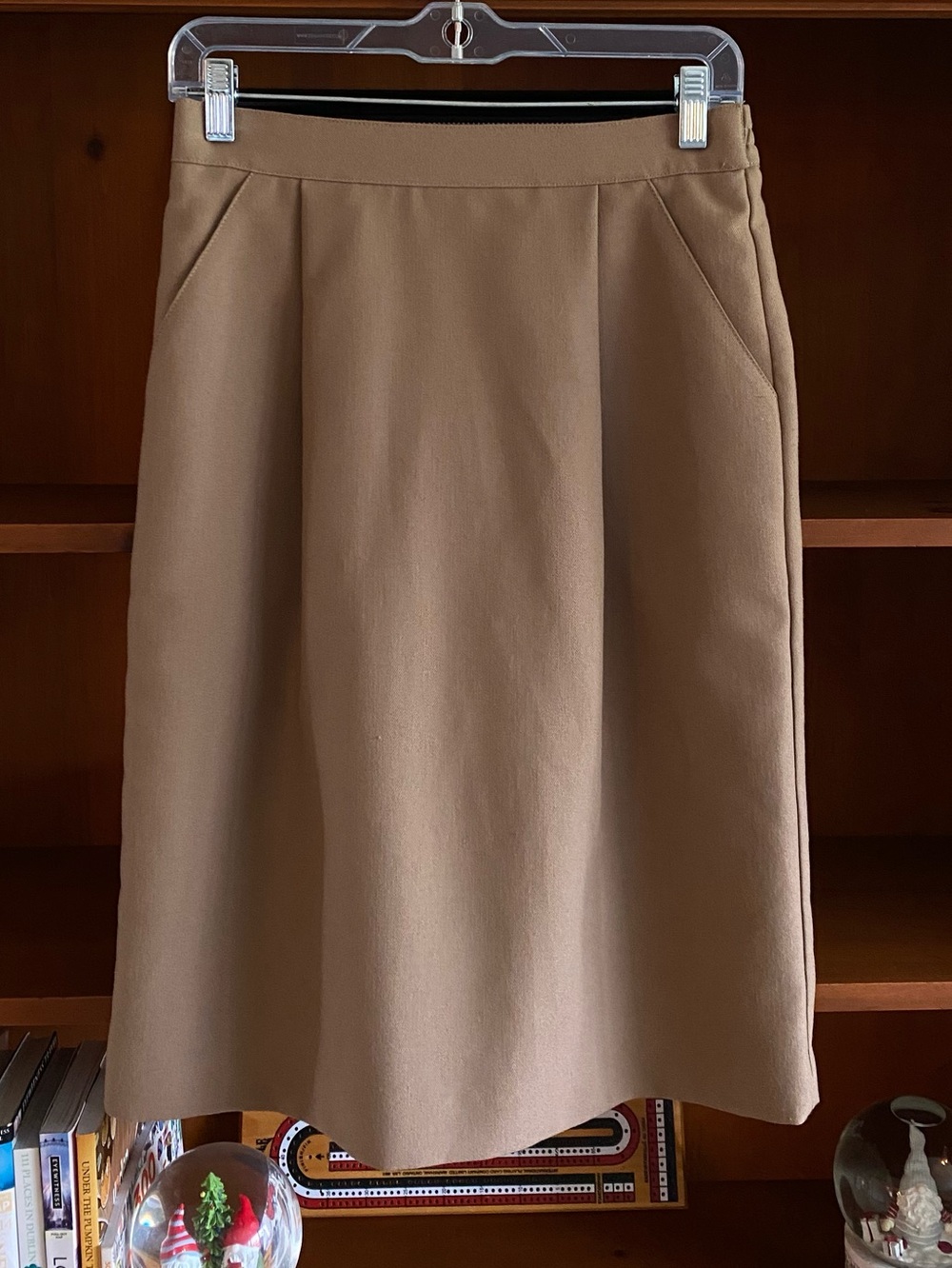 Vintage 80s Principles Petite Camel Wool Blend Midi Skirt Pockets Size 6